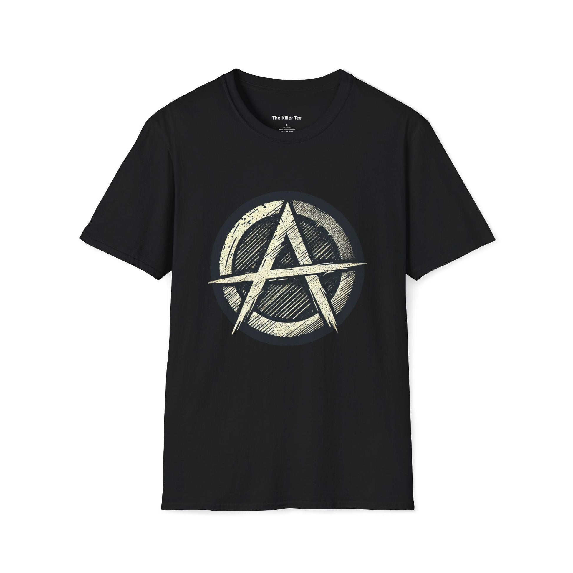 Black tee featuring a distressed circular anarchy symbol design from The Killer Tee.