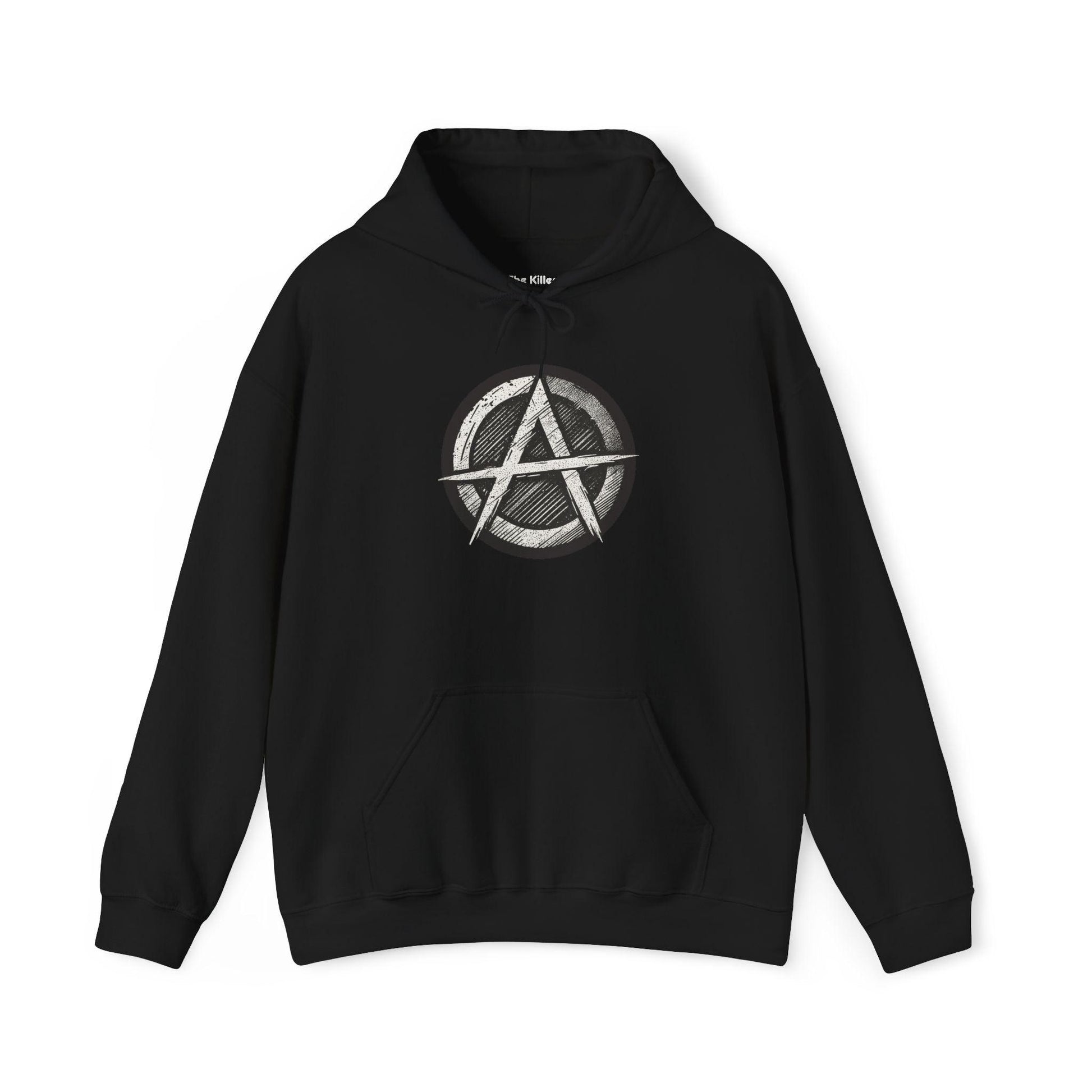 Unisex hoodie featuring a bold circular anarchy symbol design.