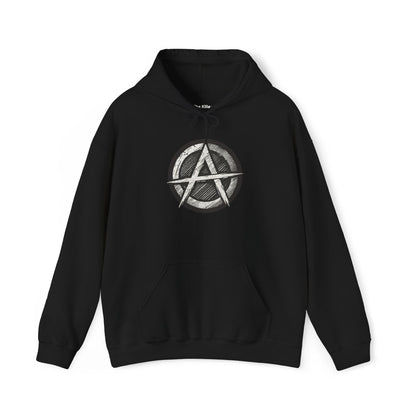 Unisex hoodie featuring a bold circular anarchy symbol design.