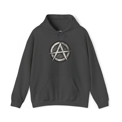 Unisex hoodie featuring a bold circular anarchy symbol design.