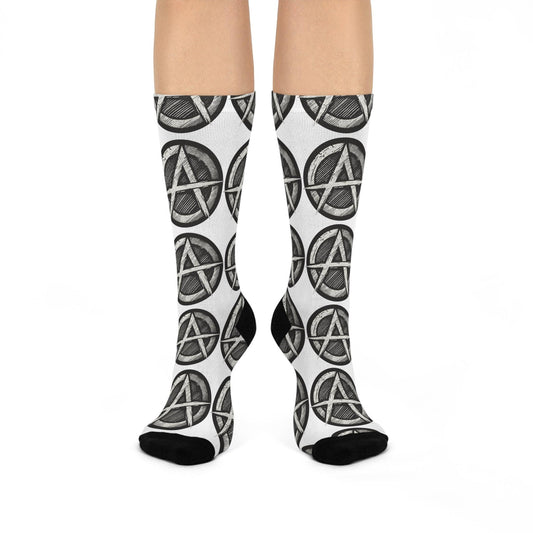 Cushioned crew length socks with a distressed anarchy symbol pattern from The Killer Tee.