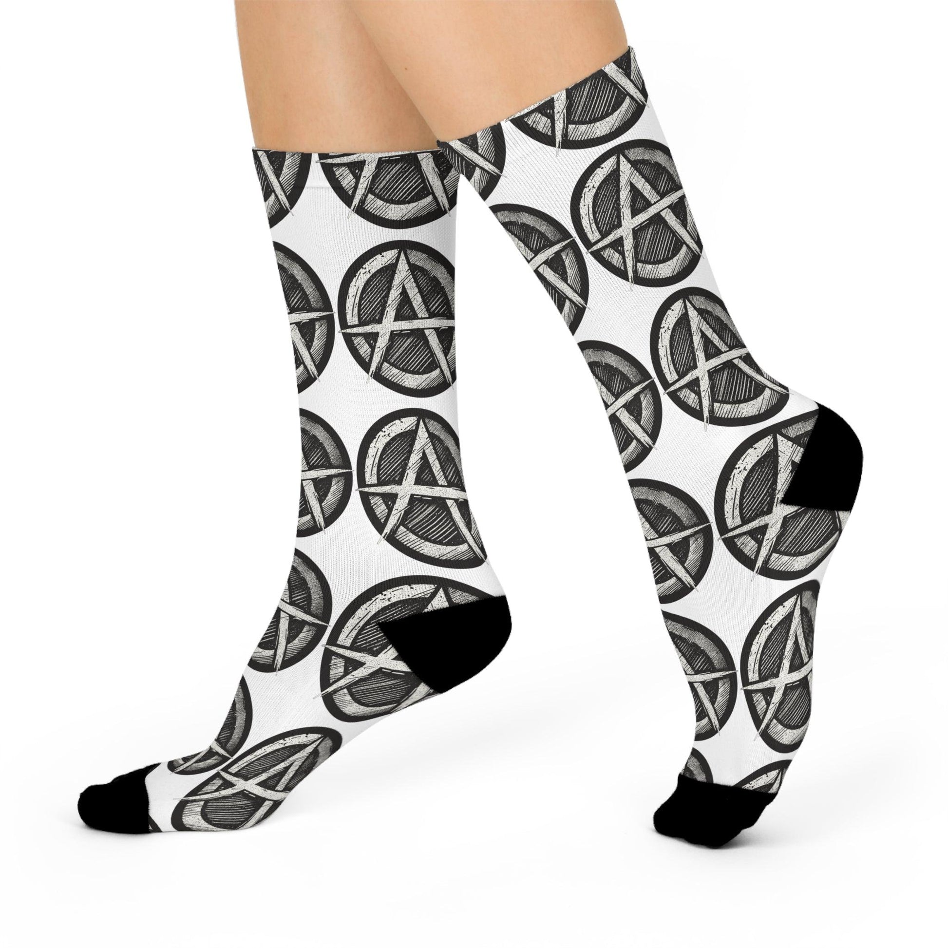 Cushioned crew length socks with a distressed anarchy symbol pattern from The Killer Tee.