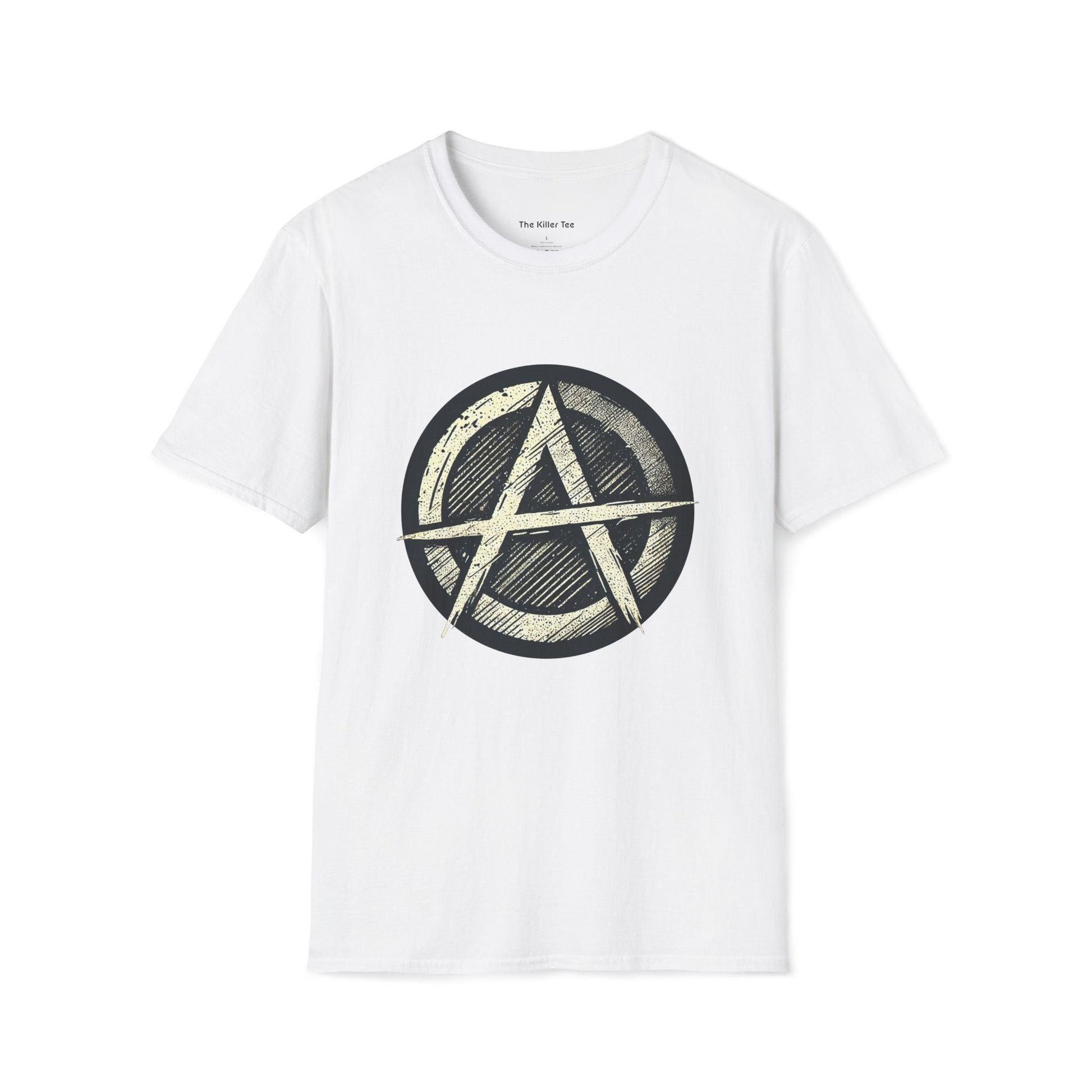 Tee featuring a distressed circular anarchy symbol design from The Killer Tee.