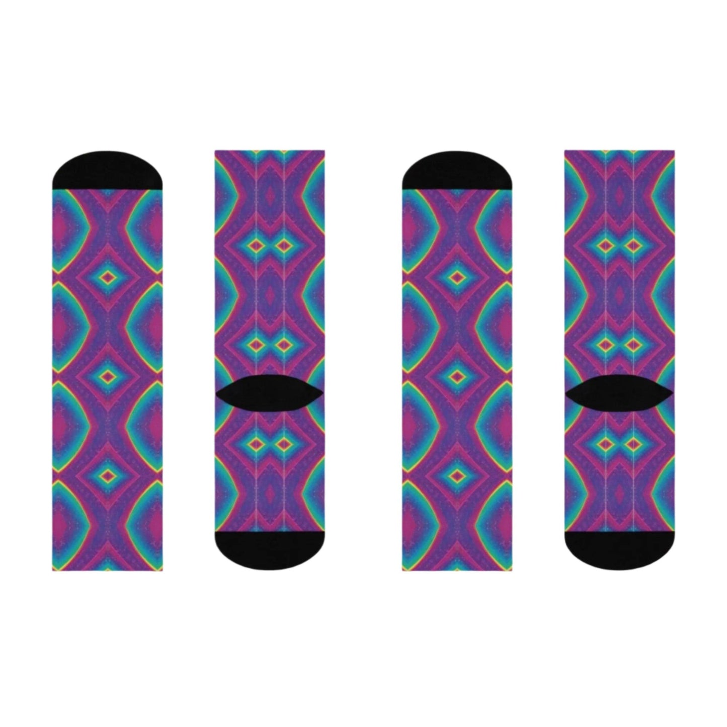 Cosmic Galaxy Socks featuring bold purple, teal, and pink geometric patterns with contrasting black heel, toe, and cuff