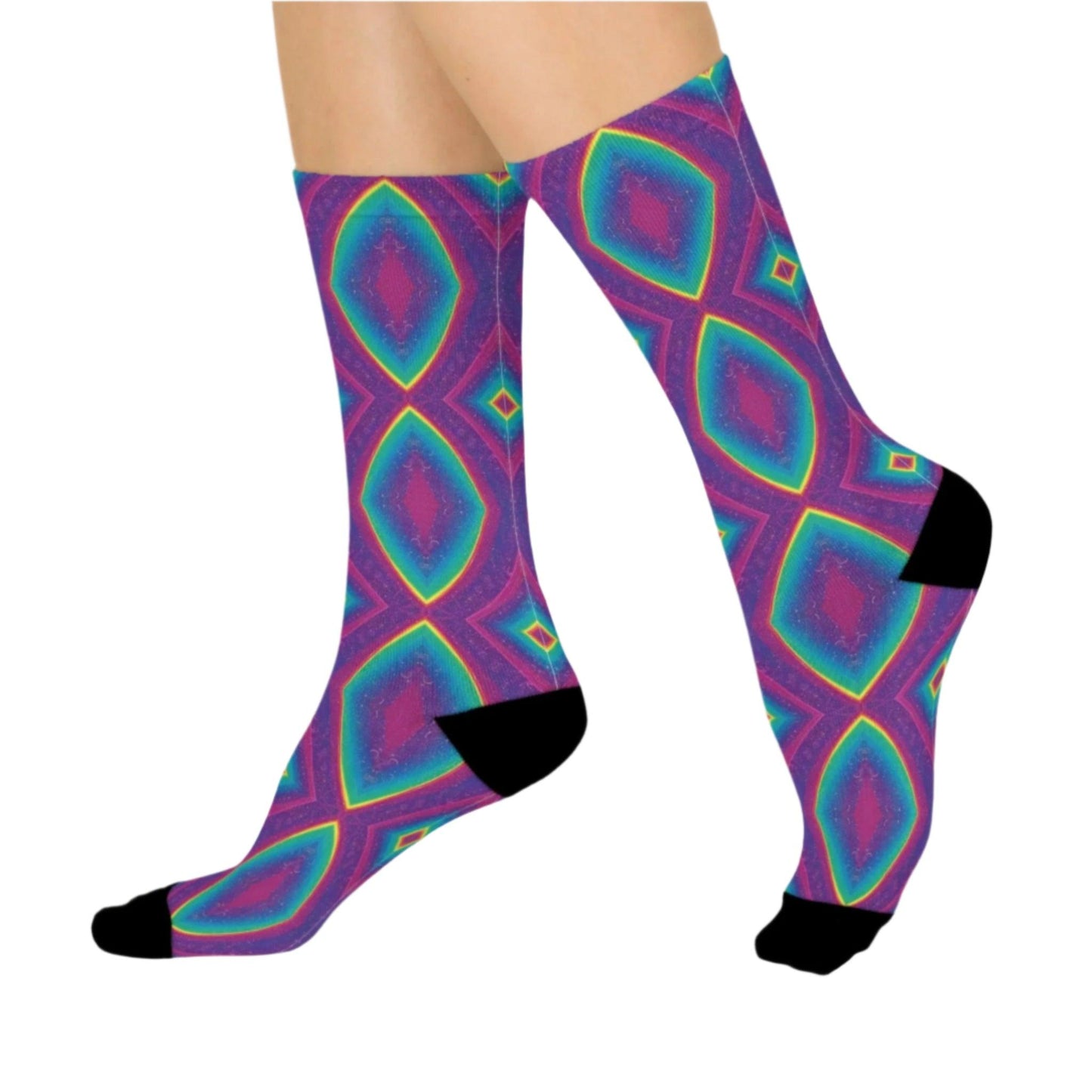 Cosmic Galaxy Socks featuring bold purple, teal, and pink geometric patterns with contrasting black heel, toe, and cuff