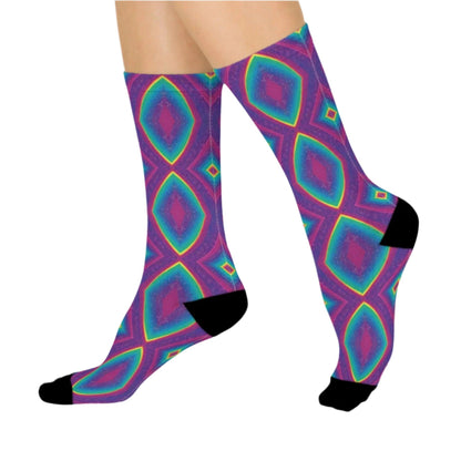 Cosmic Galaxy Socks featuring bold purple, teal, and pink geometric patterns with contrasting black heel, toe, and cuff