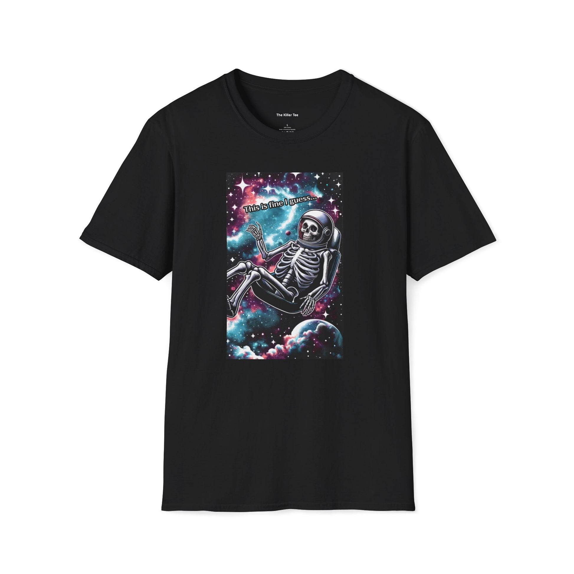 Graphic tee featuring a skeleton in a spacesuit lounging in a cosmic scene filled with stars and planets, accompanied by the text 'This is fine I guess...' in whimsical lettering. Available in black and sky blue, from The Killer Tee.