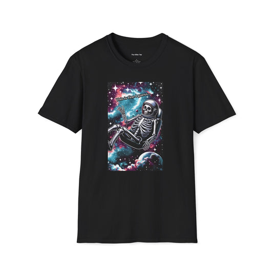 Graphic tee featuring a skeleton in a spacesuit lounging in a cosmic scene filled with stars and planets, accompanied by the text 'This is fine I guess...' in whimsical lettering. Available in black and sky blue, from The Killer Tee.