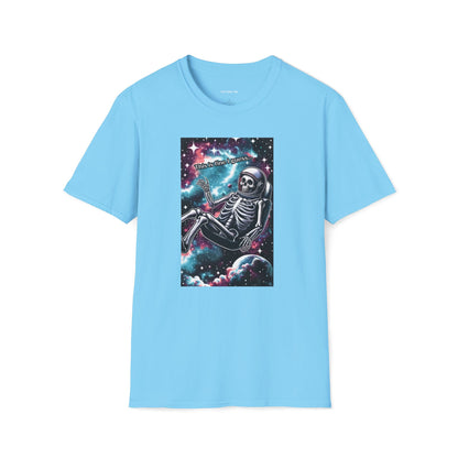 Graphic tee featuring a skeleton in a spacesuit lounging in a cosmic scene filled with stars and planets, accompanied by the text 'This is fine I guess...' in whimsical lettering. Available in black and sky blue, from The Killer Tee.