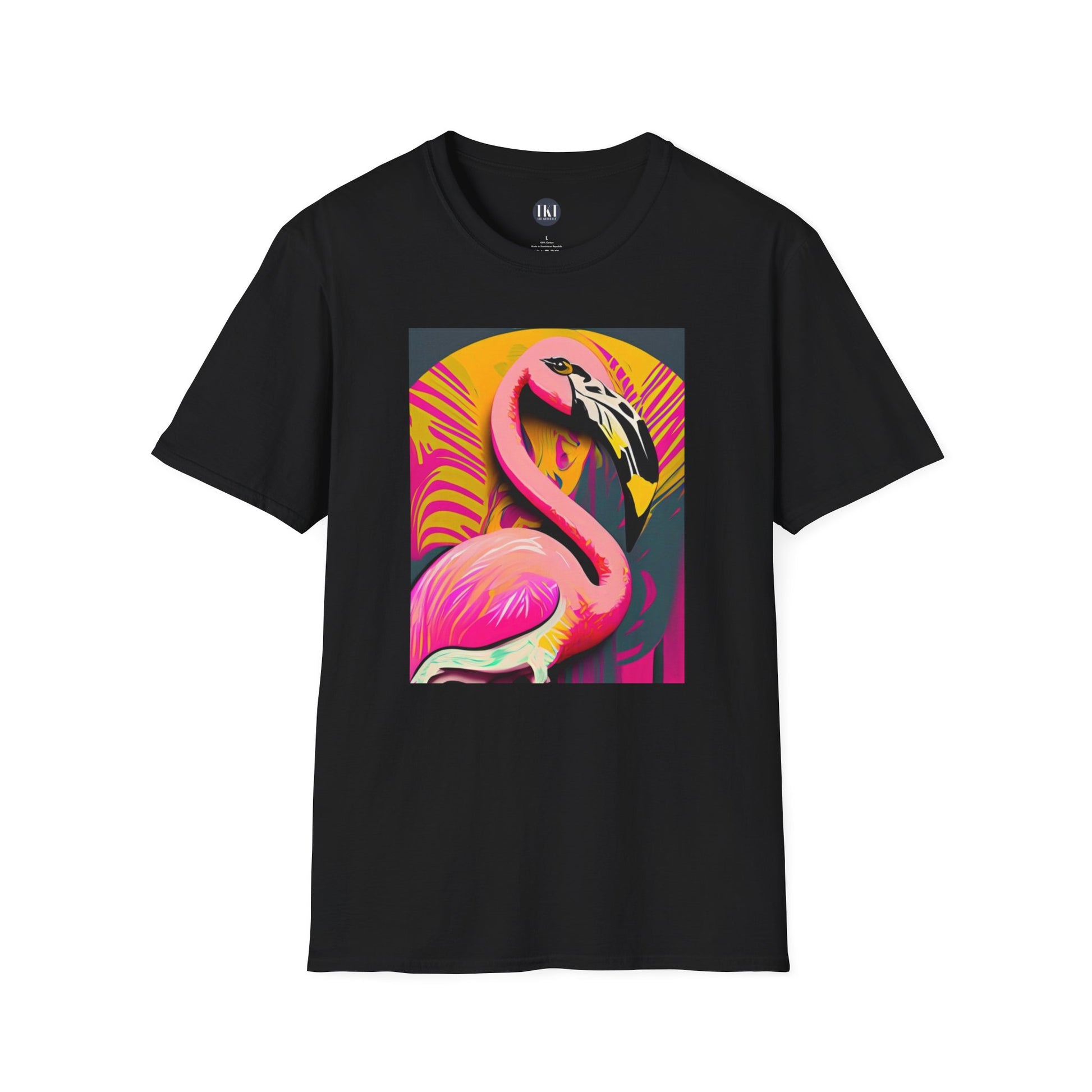 Vibrant Pop art style flamingo on a black tee from The Killer Tee.