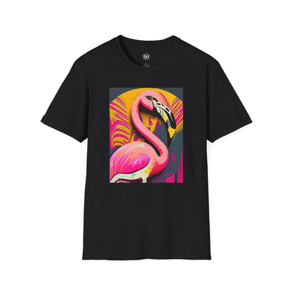 Vibrant Pop art style flamingo on a black tee from The Killer Tee.