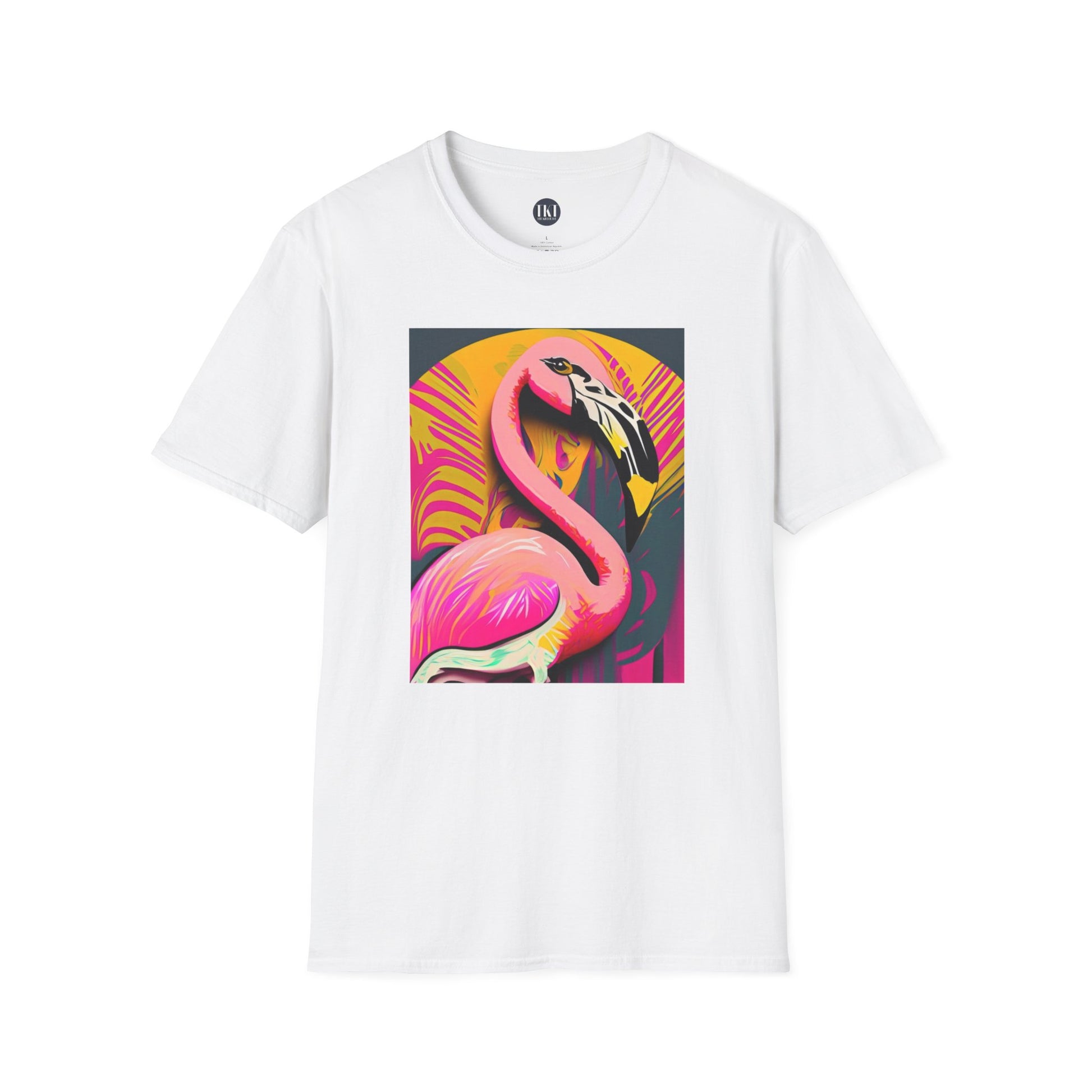 Vibrant Pop art style flamingo on a bright white tee from The Killer Tee.