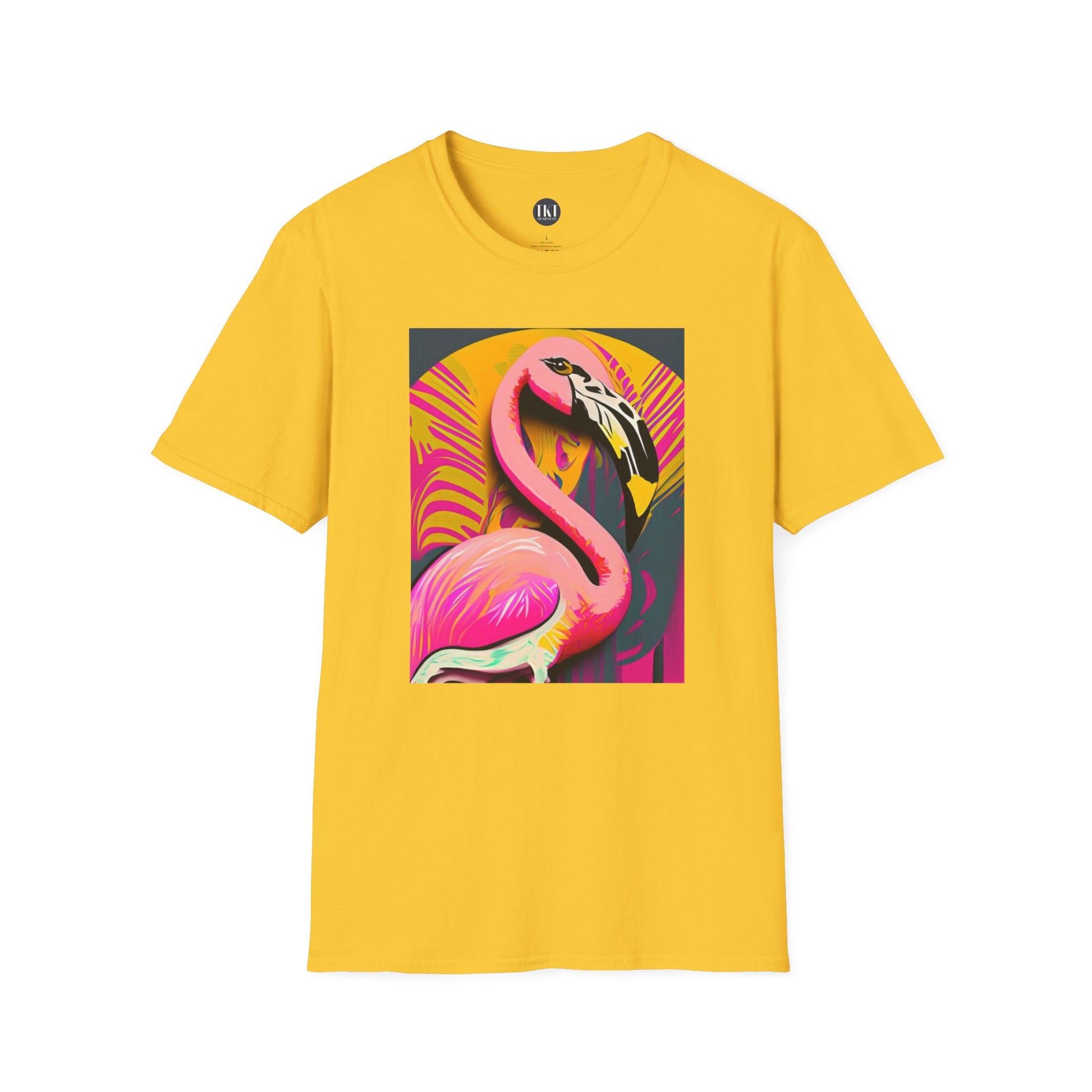 Vibrant Pop art style flamingo on a bright yellow tee from The Killer Tee.