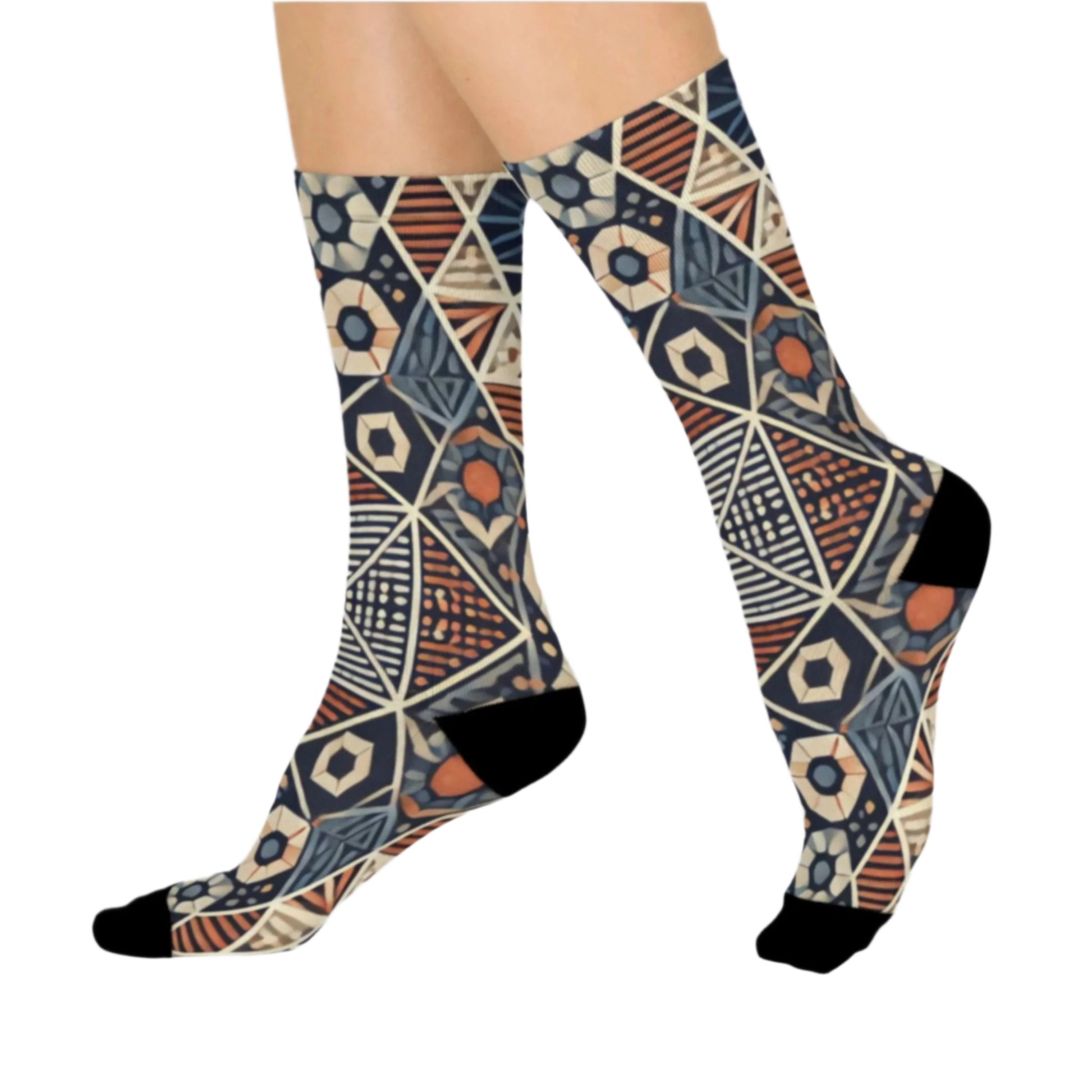 Geometric patterned crew socks with intricate shapes in earthy tones, featuring black accents on the toe and heel.