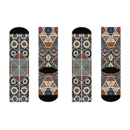 Geometric patterned crew socks with intricate shapes in earthy tones, featuring black accents on the toe and heel.