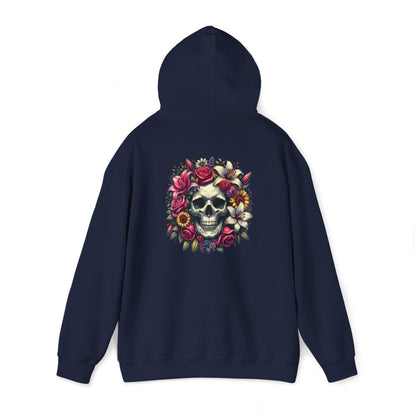 Navy blue hoodie with a skull surrounded by lilies and roses on the back from The Killer Tee. 