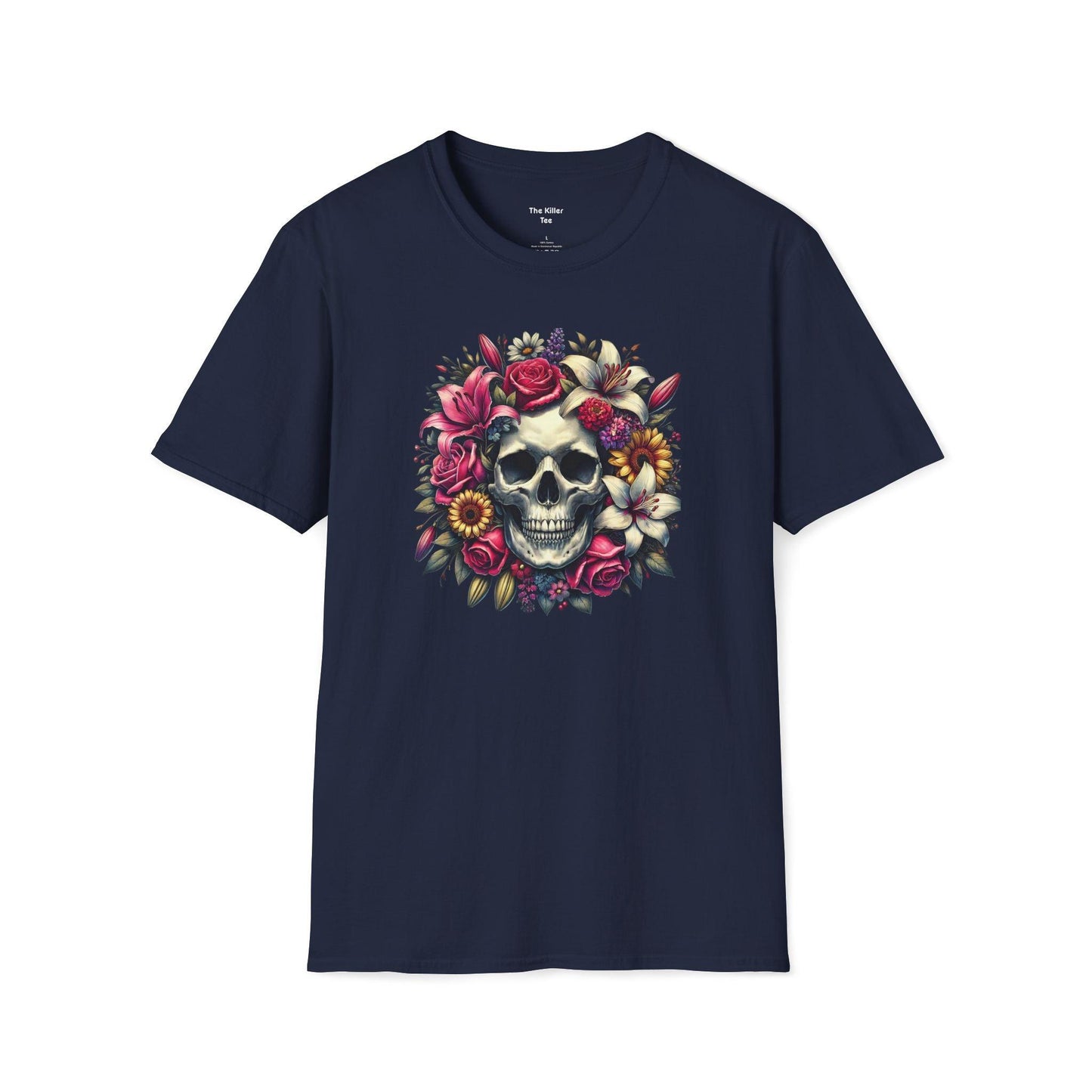 Unisex tee featuring a skull with wreath of  lilies and roses around it from The Killer Tee.