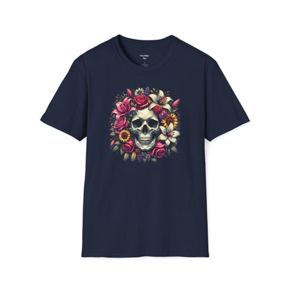 Unisex tee featuring a skull with wreath of  lilies and roses around it from The Killer Tee.