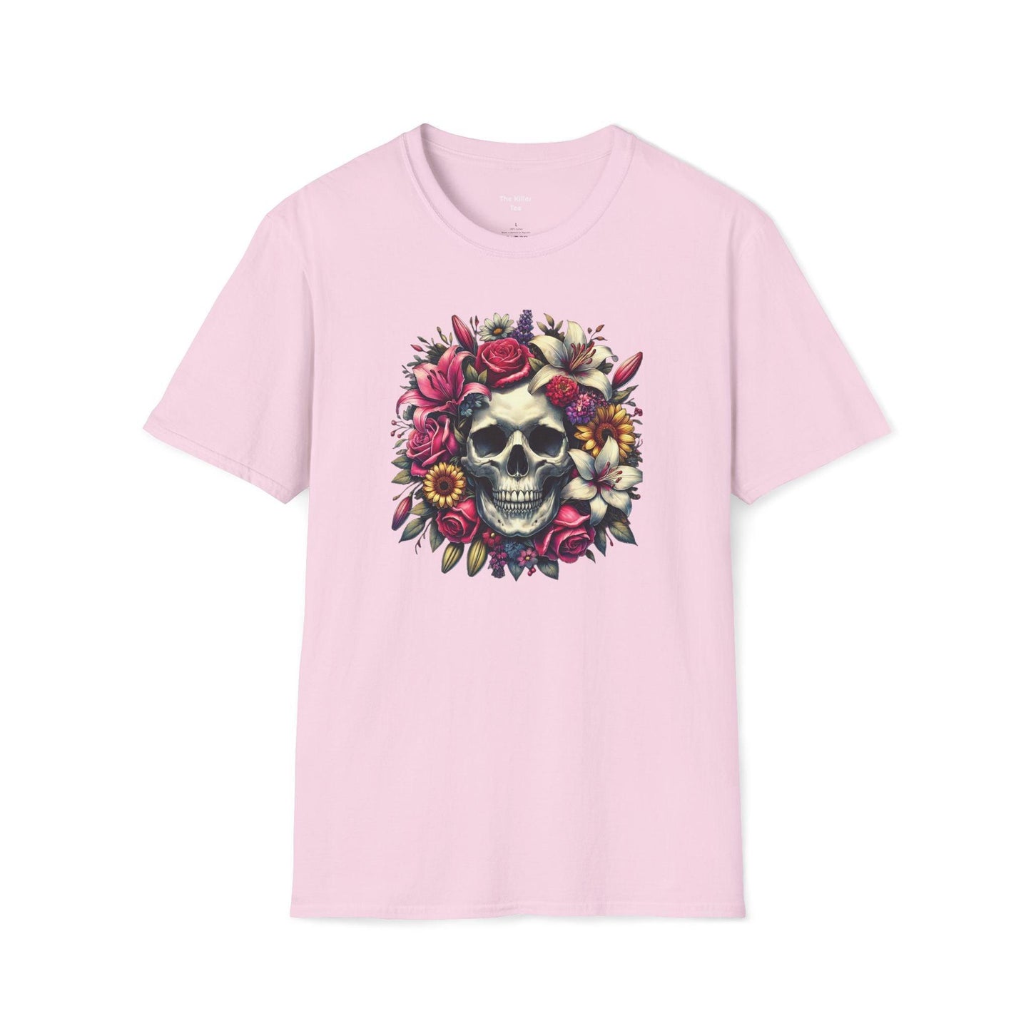 Unisex tee featuring a skull with wreath of  lilies and roses around it from The Killer Tee.