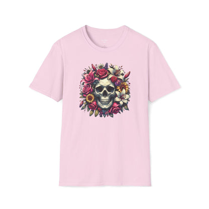 Unisex tee featuring a skull with wreath of  lilies and roses around it from The Killer Tee.