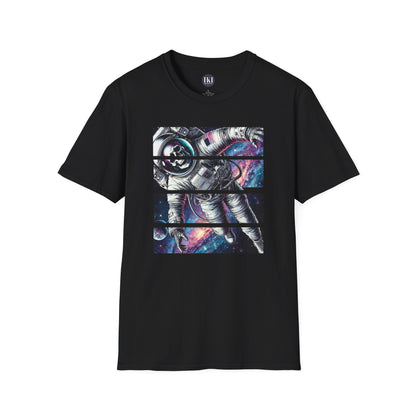 A t-shirt featuring a skeletal astronaut floating through a vibrant galaxy, designed in a bold split-panel style, available in black and royal, from The Killer Tee.