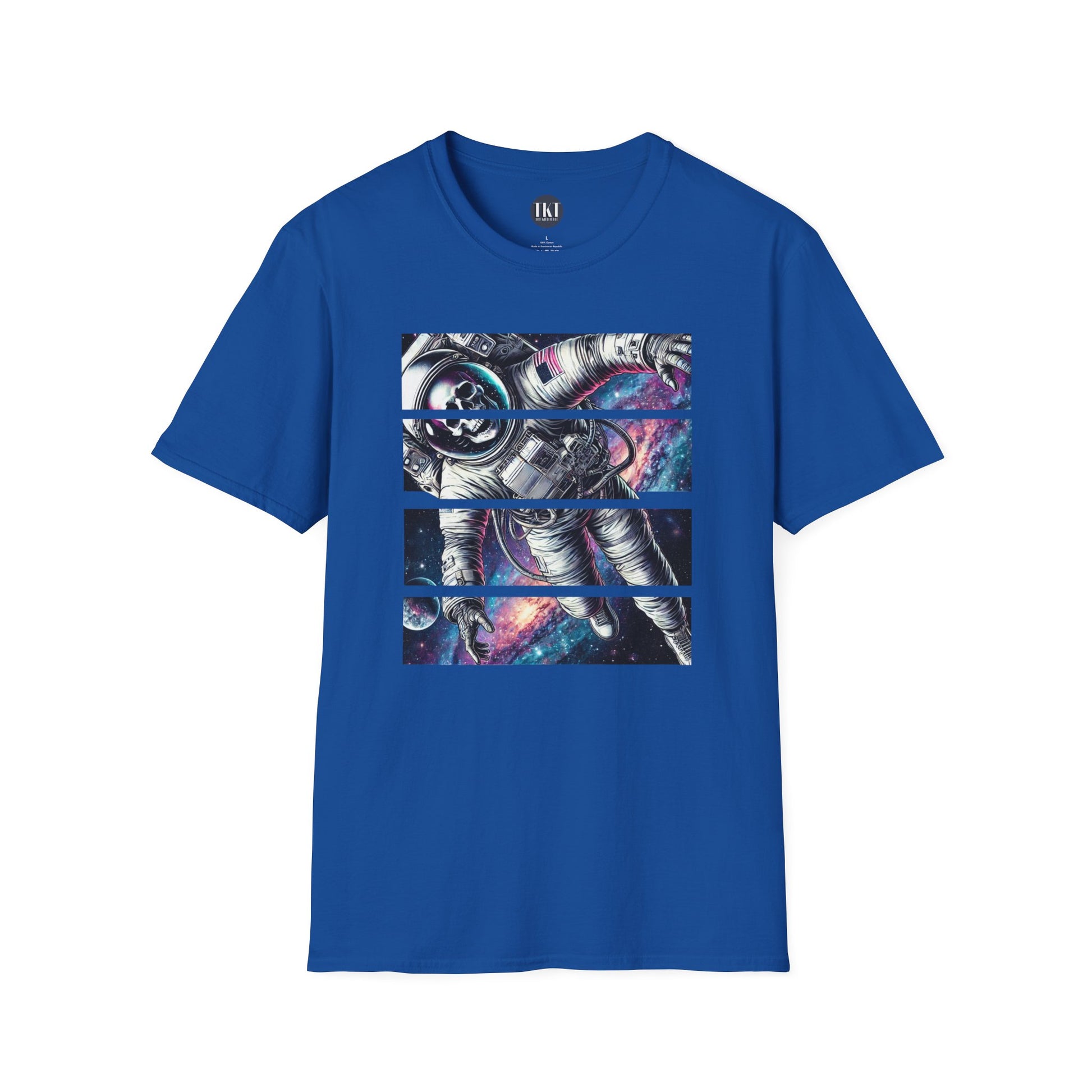 A t-shirt featuring a skeletal astronaut floating through a vibrant galaxy, designed in a bold split-panel style, available in black and royal, from The Killer Tee.