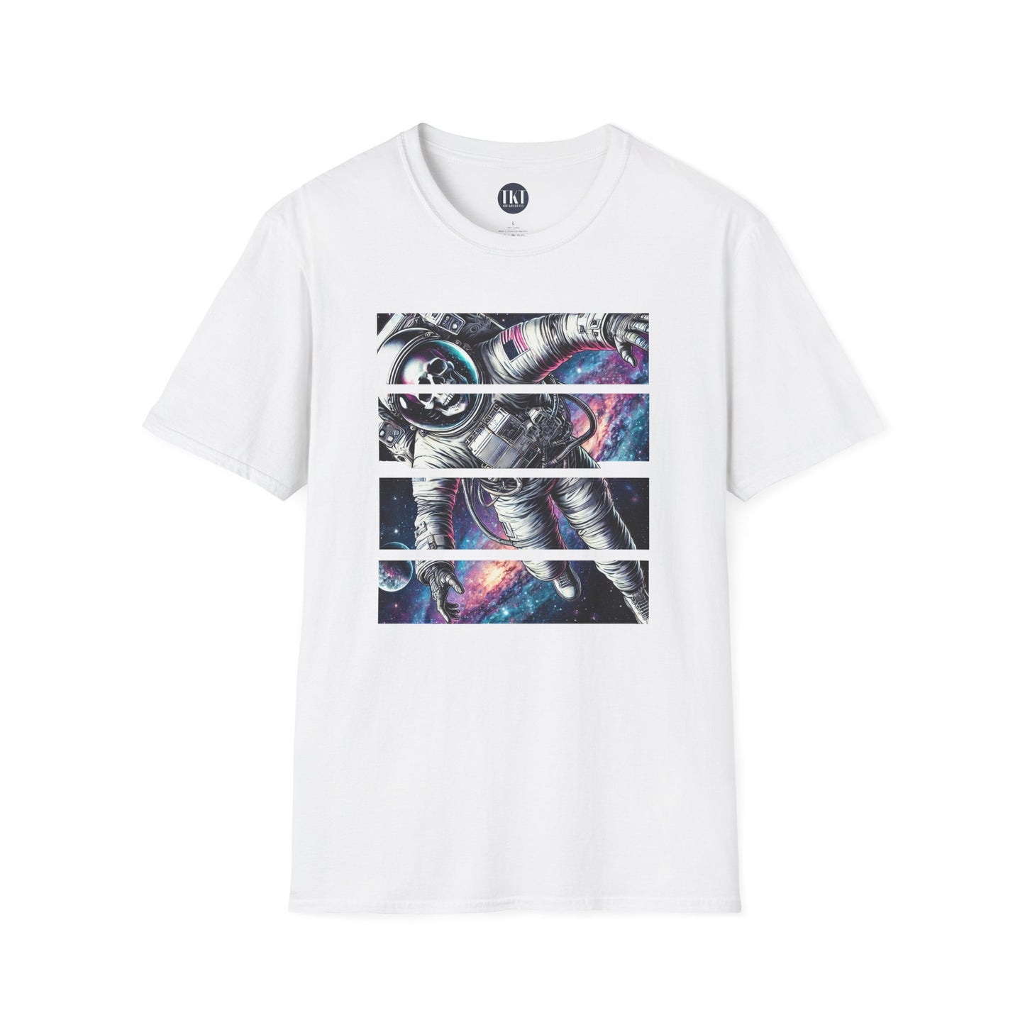 A t-shirt featuring a skeletal astronaut floating through a vibrant galaxy, designed in a bold split-panel style, available in black and royal, from The Killer Tee.