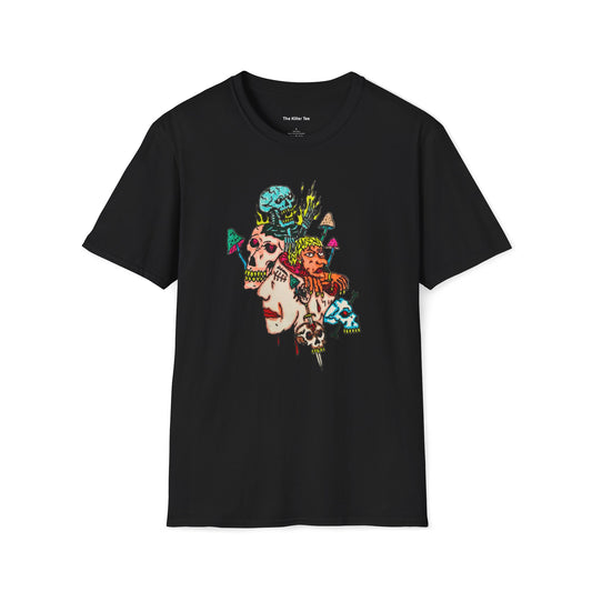 Mushroom Dream Tee featuring intricate surreal mushroom-inspired artwork on a black or sand tee, available in sizes XS through 5X from The Killer Tee