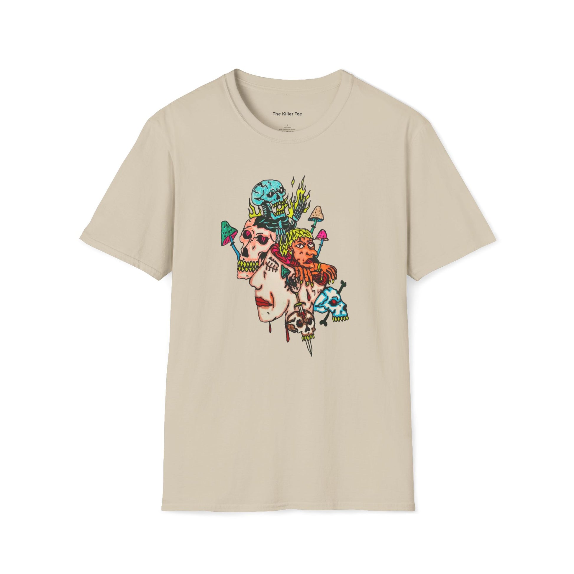 Mushroom Dream Tee featuring intricate surreal mushroom-inspired artwork on a black or sand tee, available in sizes XS through 5X from The Killer Tee