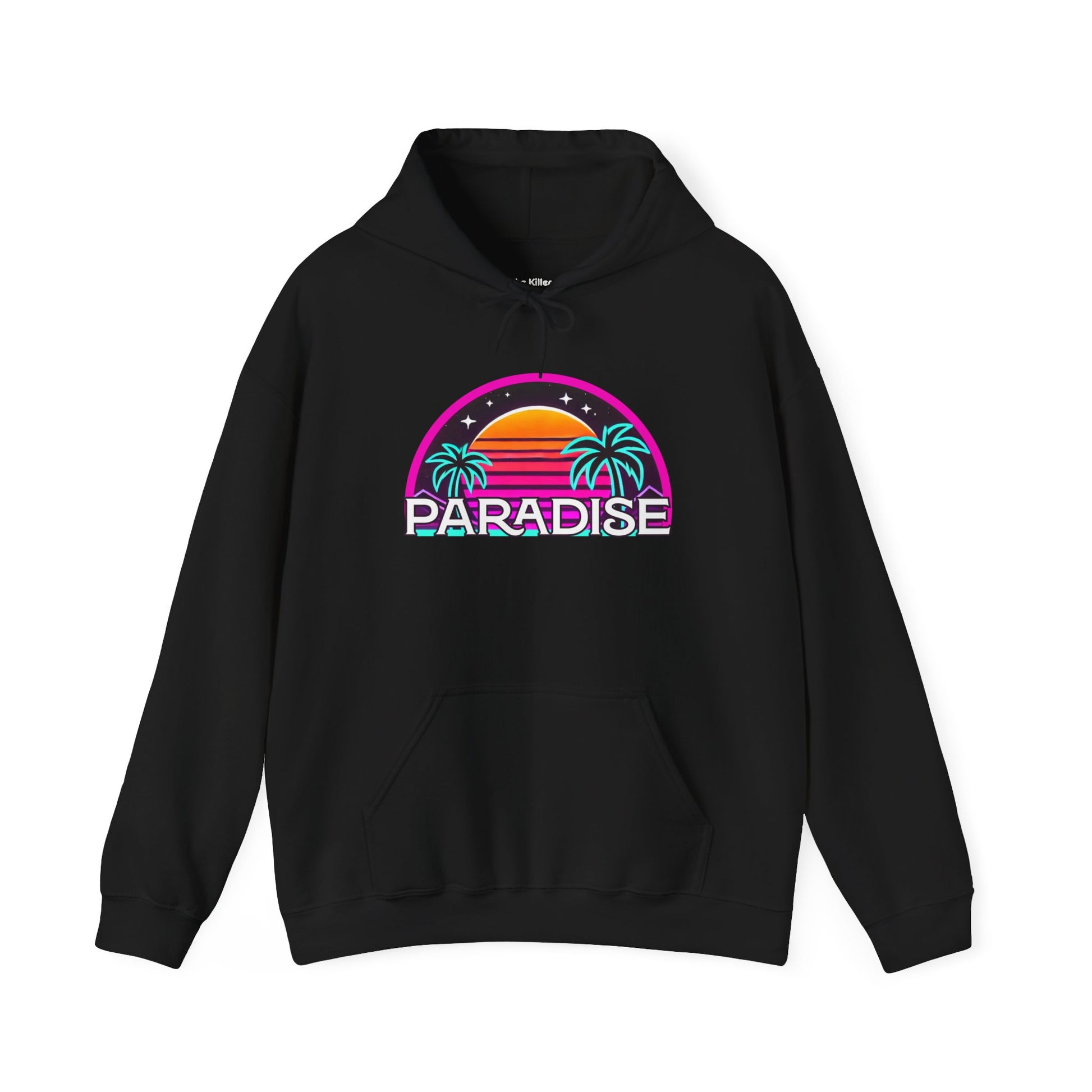 Hoodie featuring a retro neon sunset design with palm trees and the word 'Paradise' in bold lettering, from The Killer Tee.