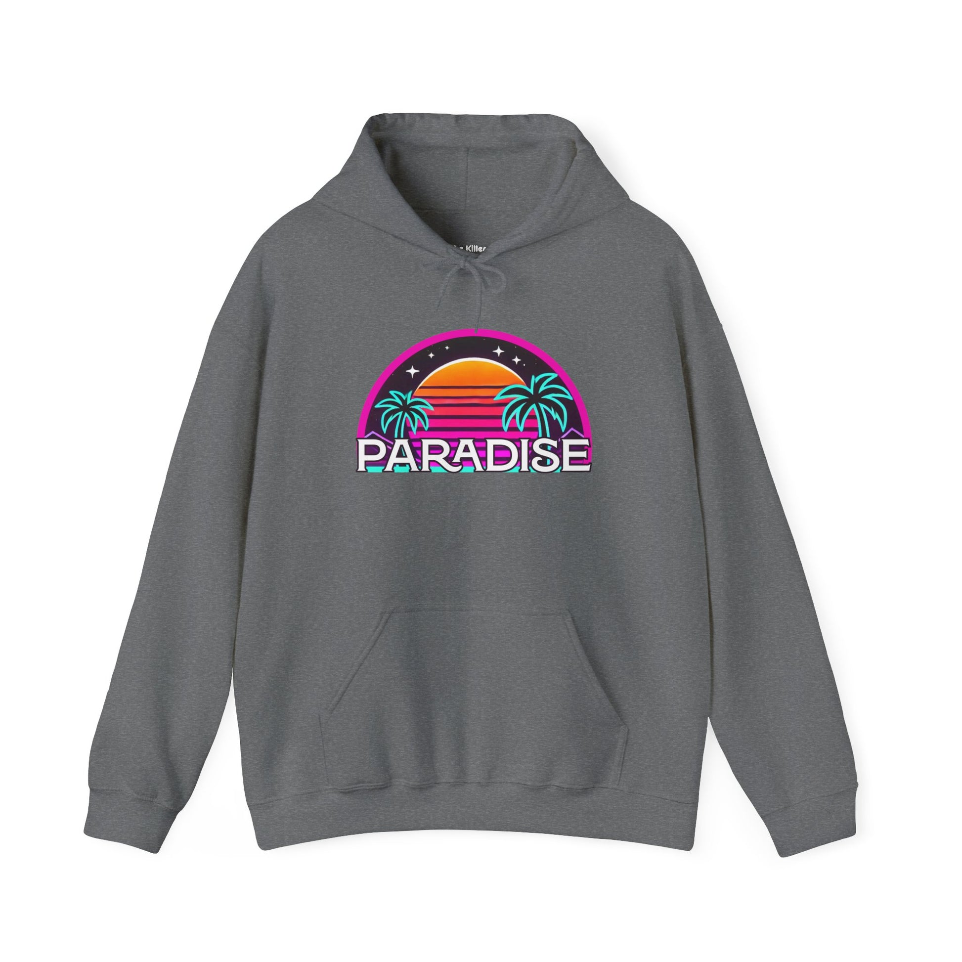 Hoodie featuring a retro neon sunset design with palm trees and the word 'Paradise' in bold lettering, from The Killer Tee.