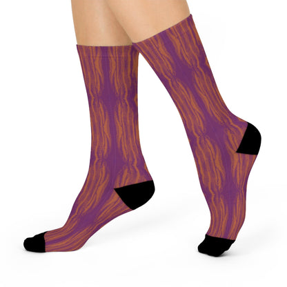 Psychedelic orange pattern on purple socks 