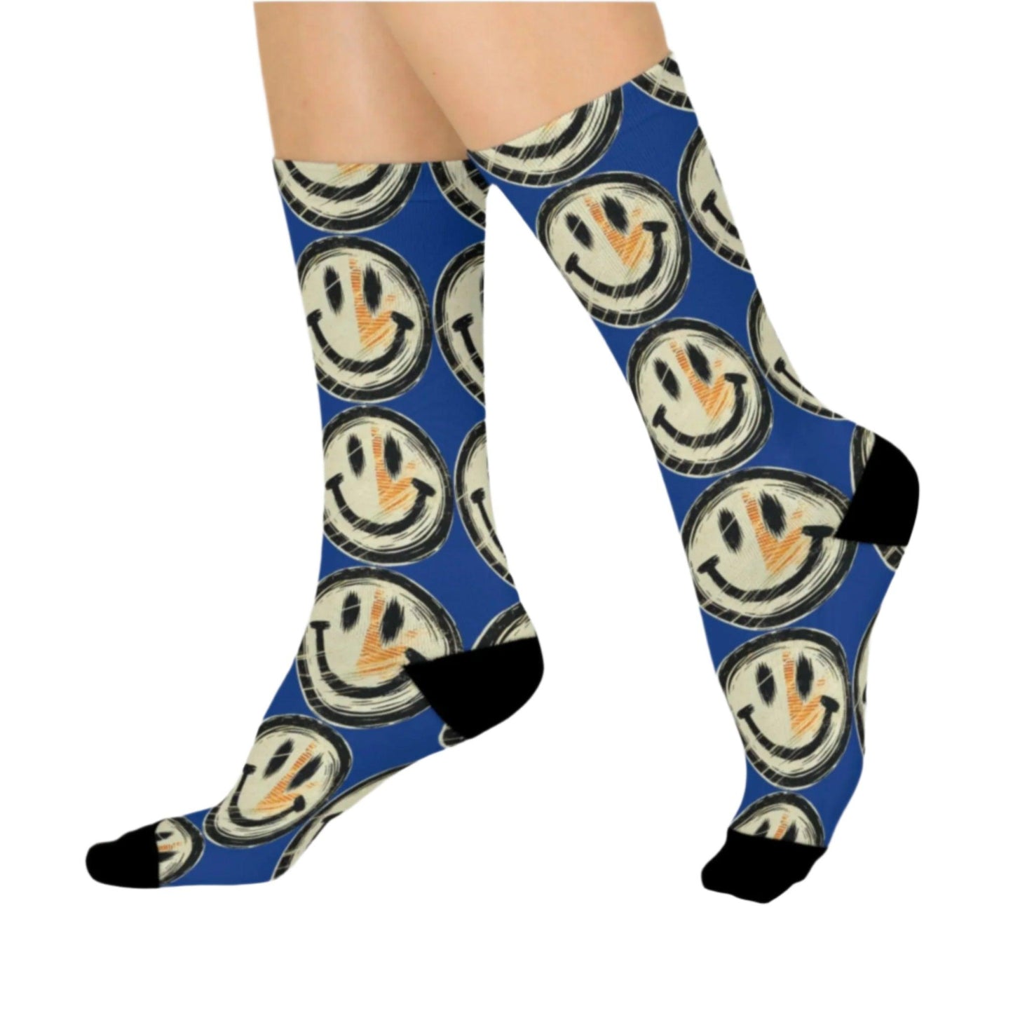 Blue socks featuring a grunge smiley face. The toe and heel sections are solid black, adding contrast to the monochromatic design. Perfect for fans of bold, statement accessories.