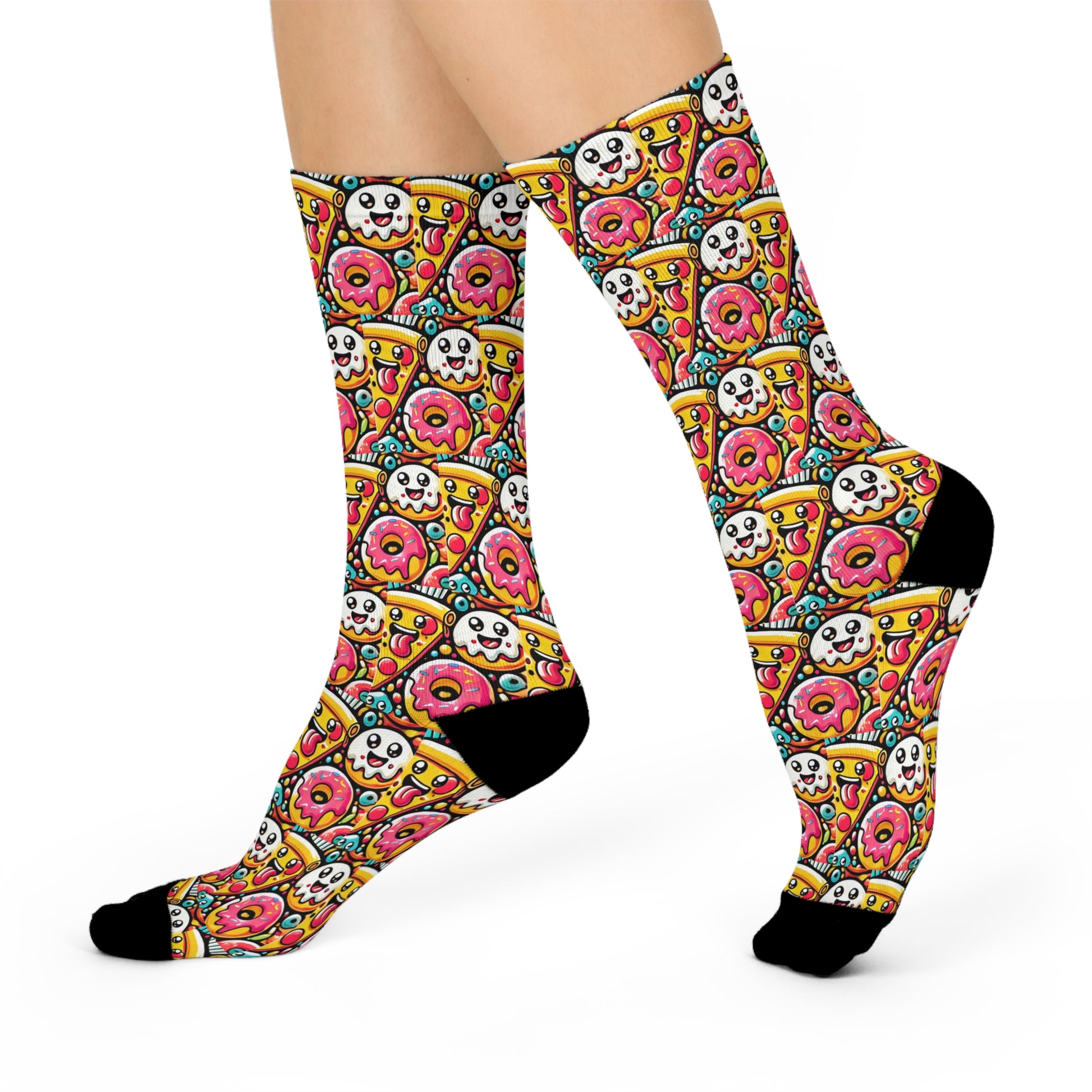 Colorful socks featuring a playful pattern of vibrant donuts and pizza slices in a bold and whimsical design, from The Killer Tee.