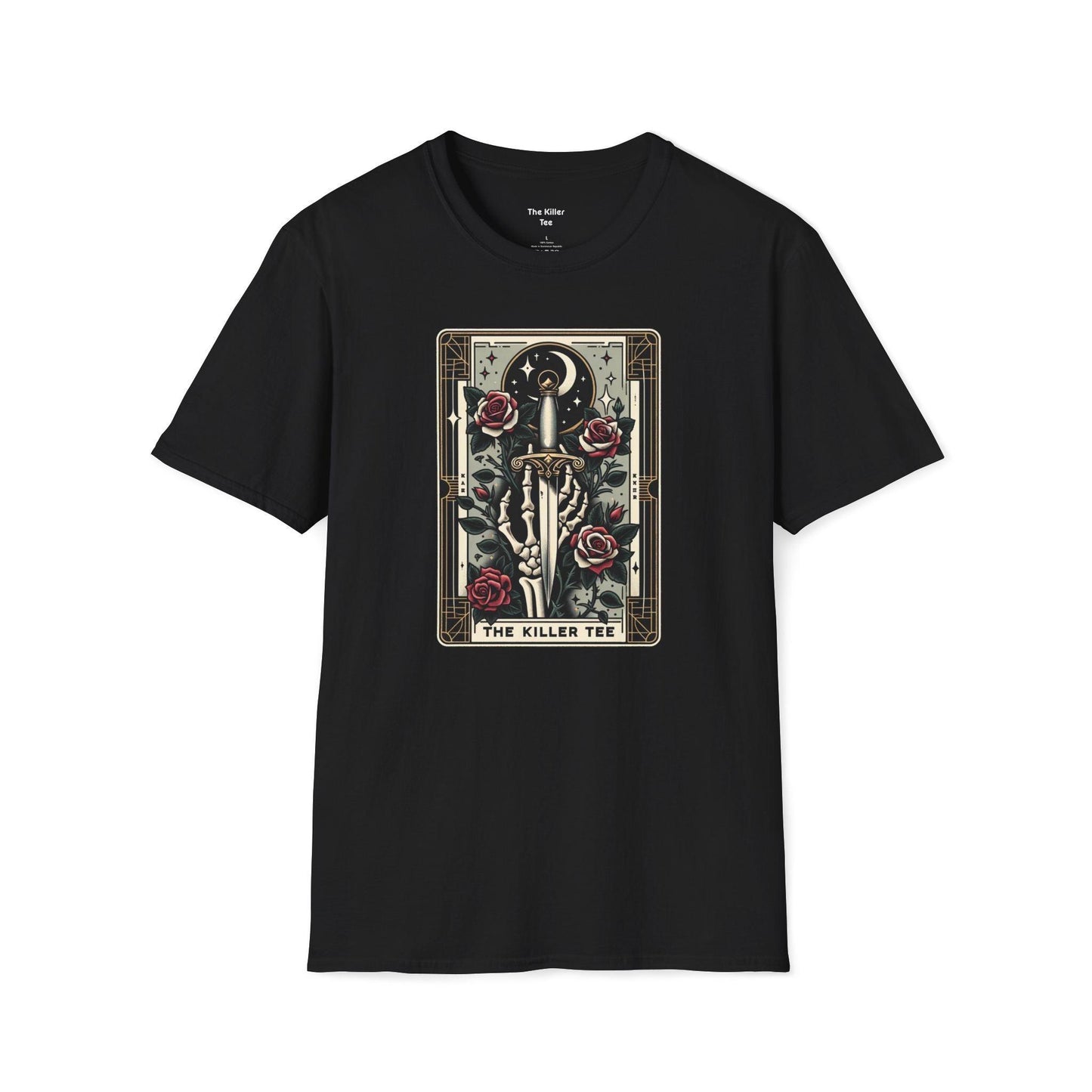 Tarot card featuring a skeleton hand holding a knife surrounded by roses from The Killer Tee.