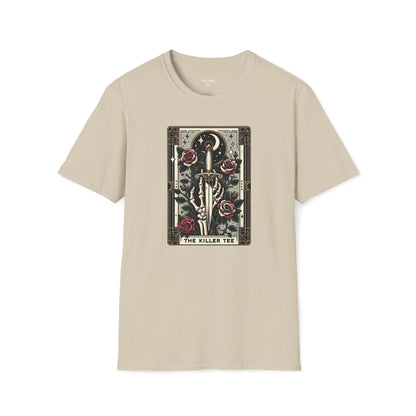 Tarot card featuring a skeleton hand holding a knife surrounded by roses from The Killer Tee.